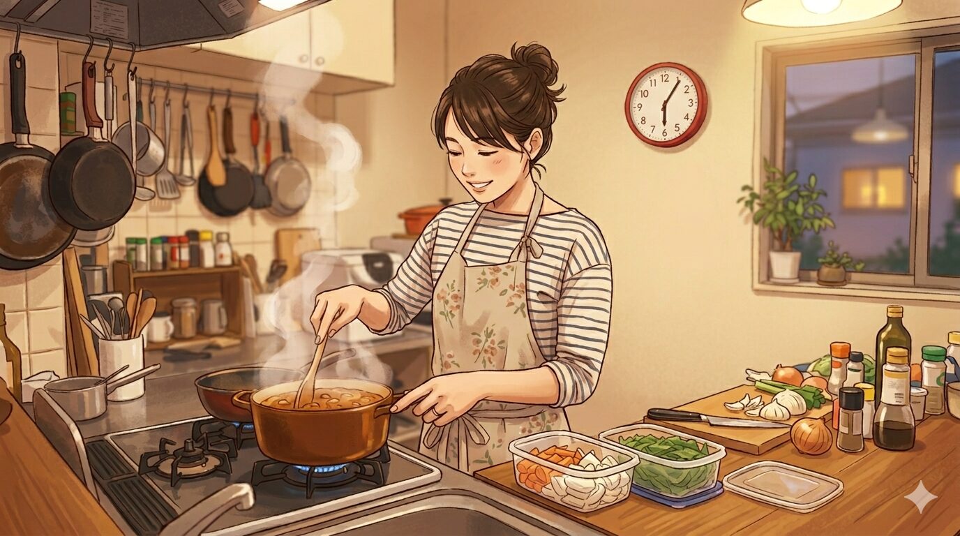 帰宅後急いで夕飯を作るワーママ　アイキャッチ画像