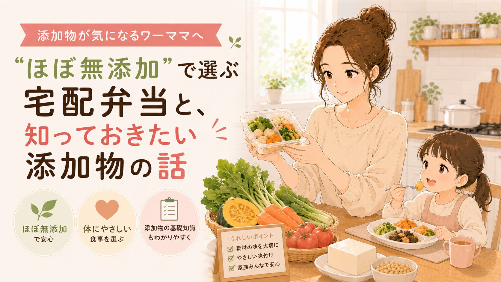 添加物が気になるワーママへ｜“ほぼ無添加”で選ぶ宅配弁当と、知っておきたい添加物の話 アイキャッチ画像